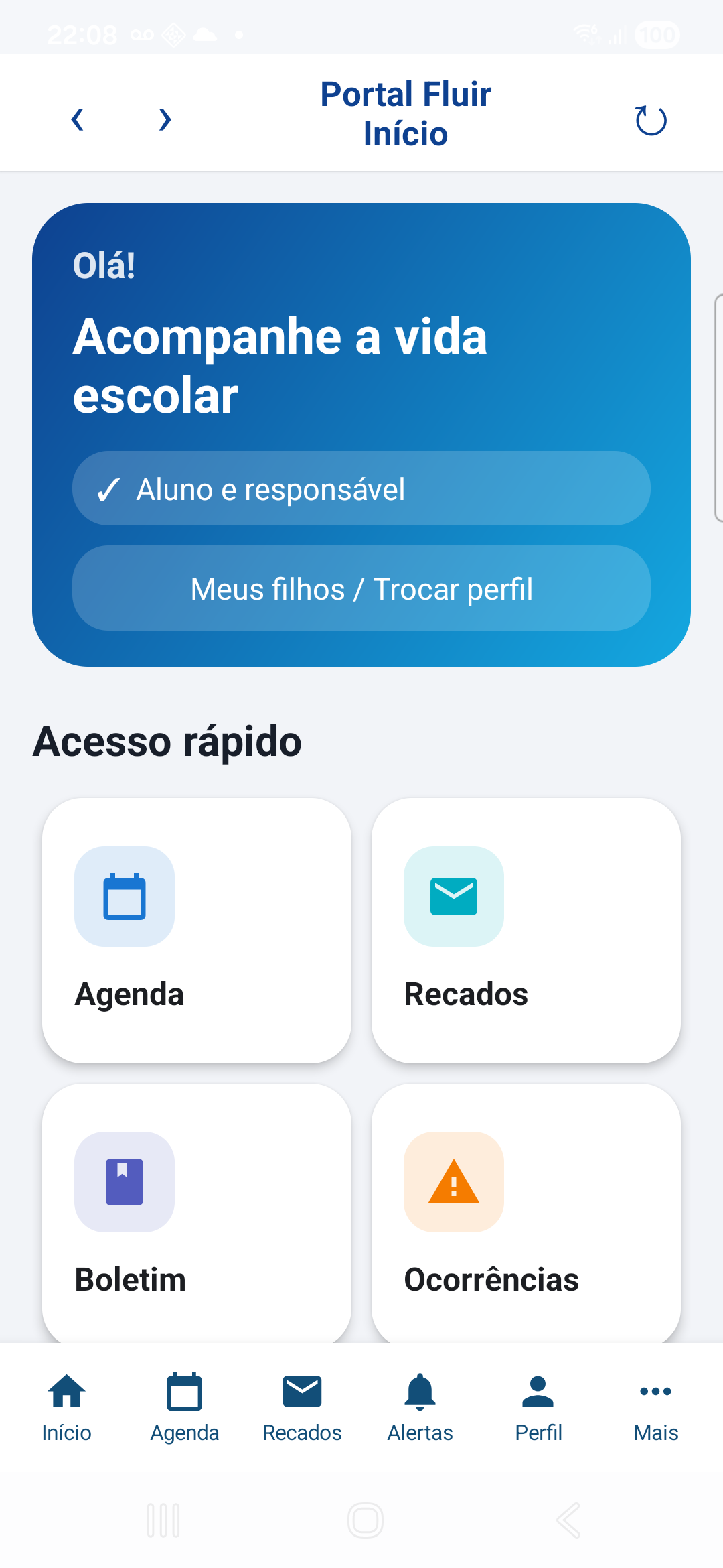 Tela Início do perfil de aluno e responsável no aplicativo Portal Fluir