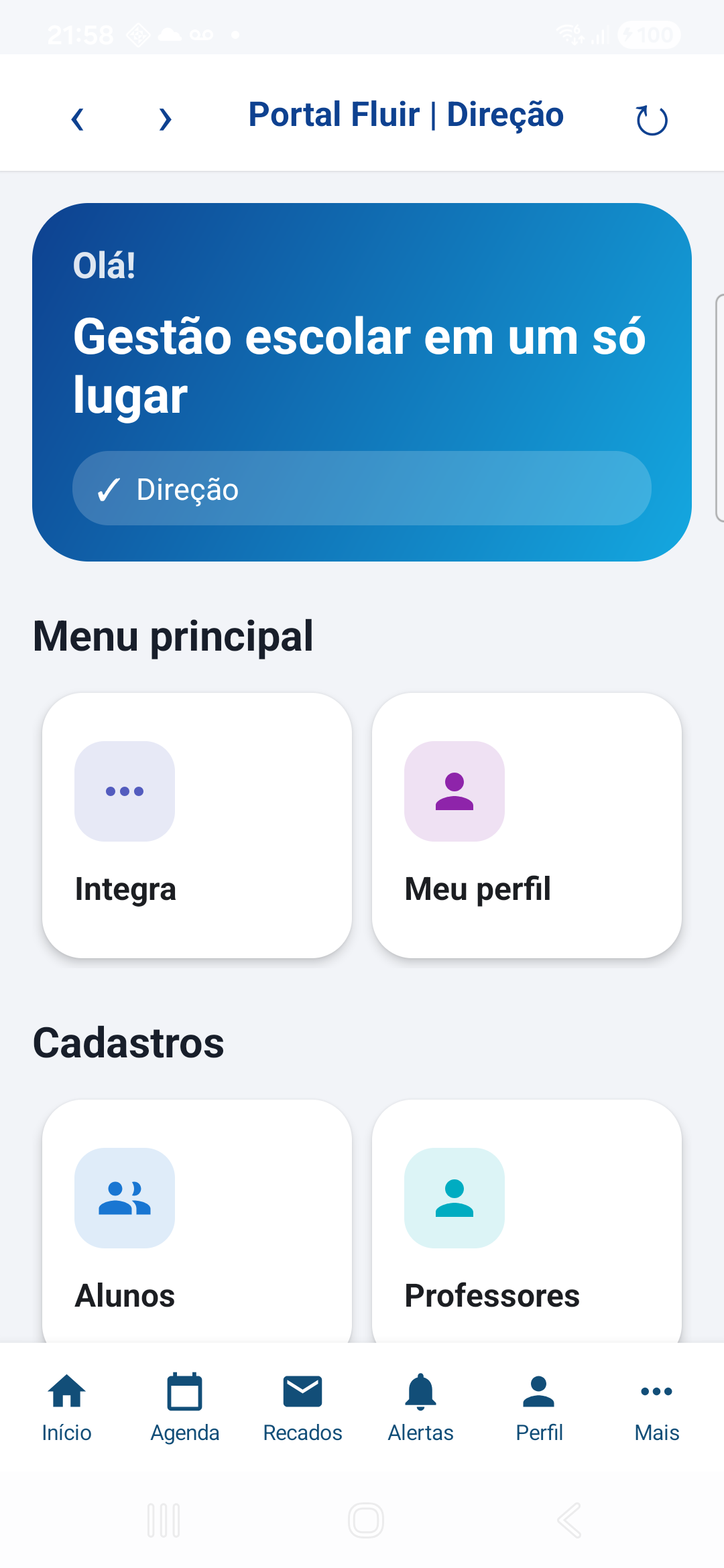 Tela Início do perfil de direção no aplicativo Portal Fluir