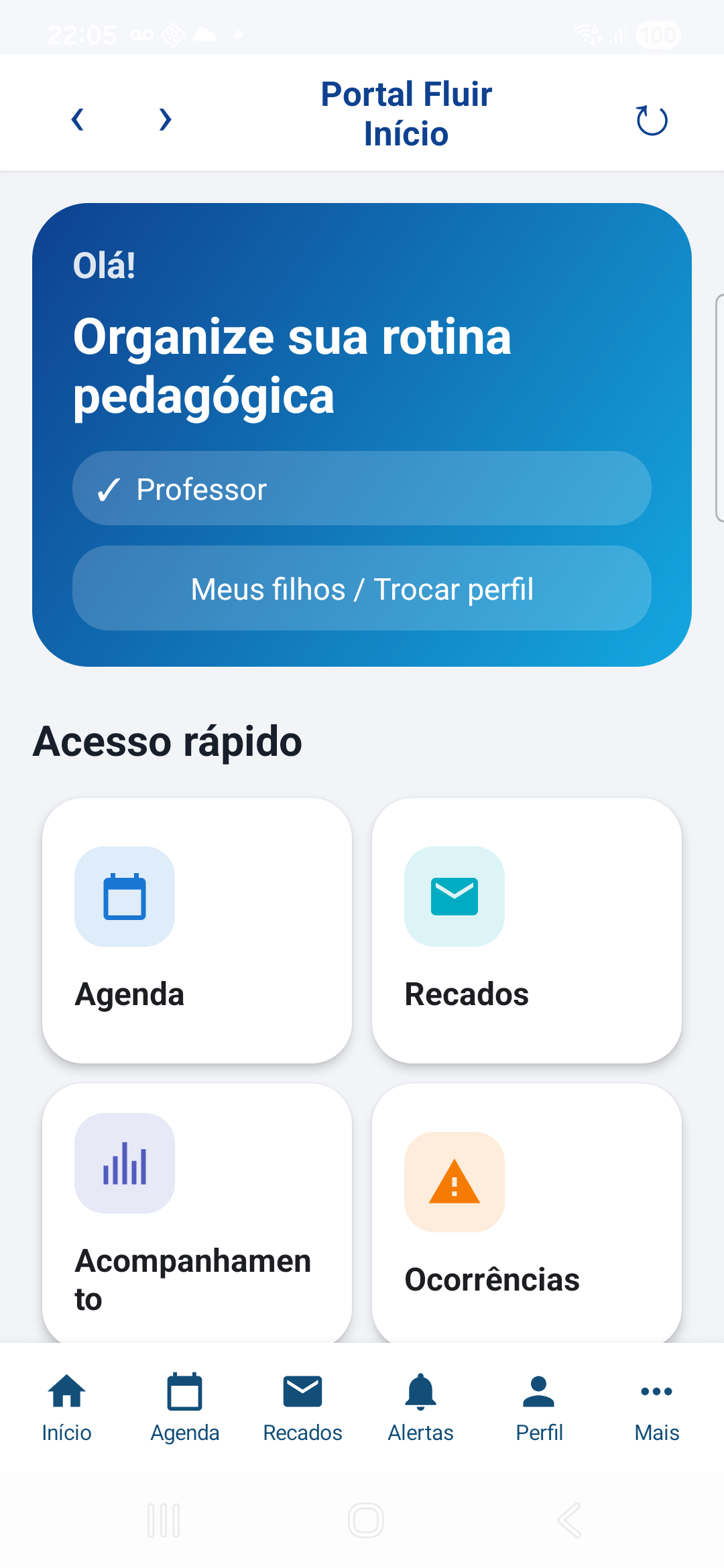 Tela Início do aplicativo Portal Fluir para professores